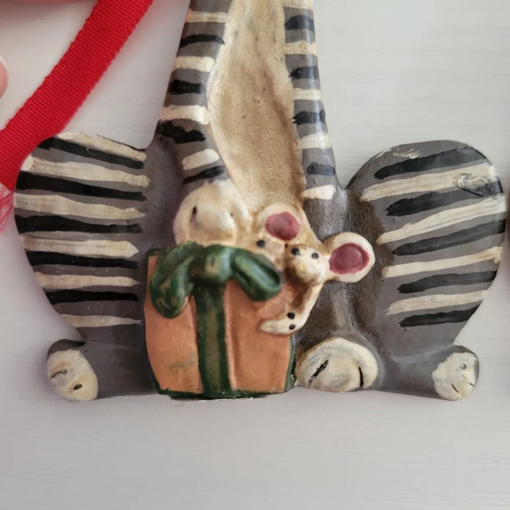 Vtg Kurt Adler Christmas Ornaments (2) Cats Kitty Whimpsical Tiger Tabby Mouse